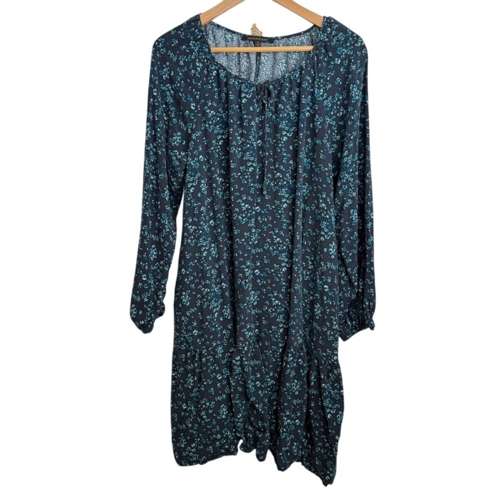 Downeast Floral Mini Dress Black Blue Tie Neck XL Cottagecore Modest Casual